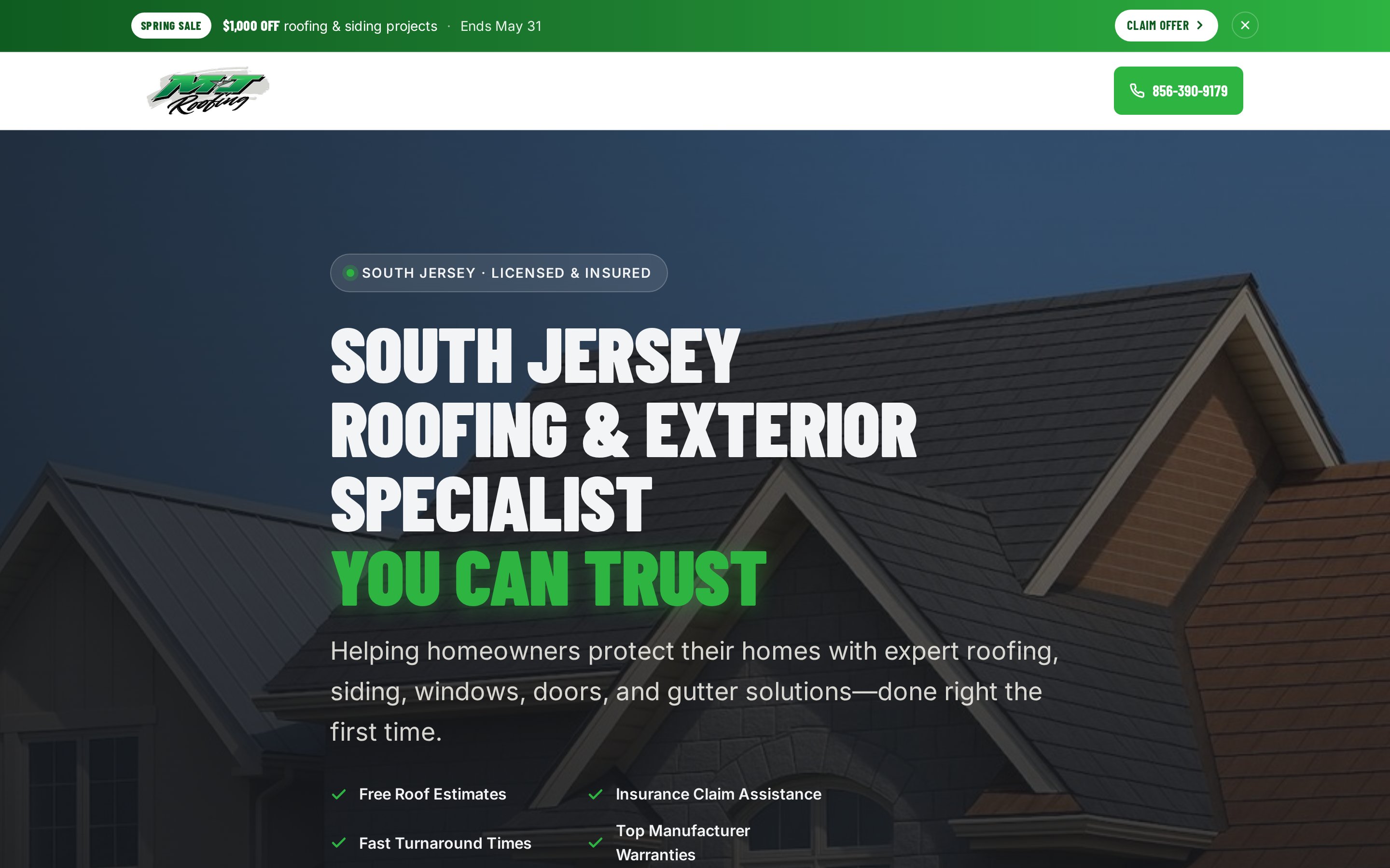 MJ Roofing — homepage screenshot